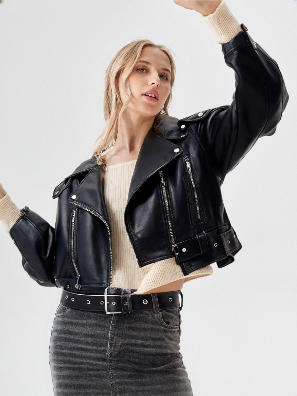 BIKER JACKET IN CROP CUT MADE OF IMITATION LEATHER