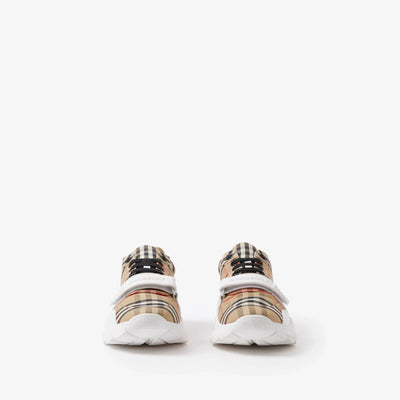 Sneakers made from check fabric, suede and leather