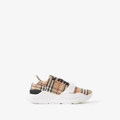 Sneakers made from check fabric, suede and leather
