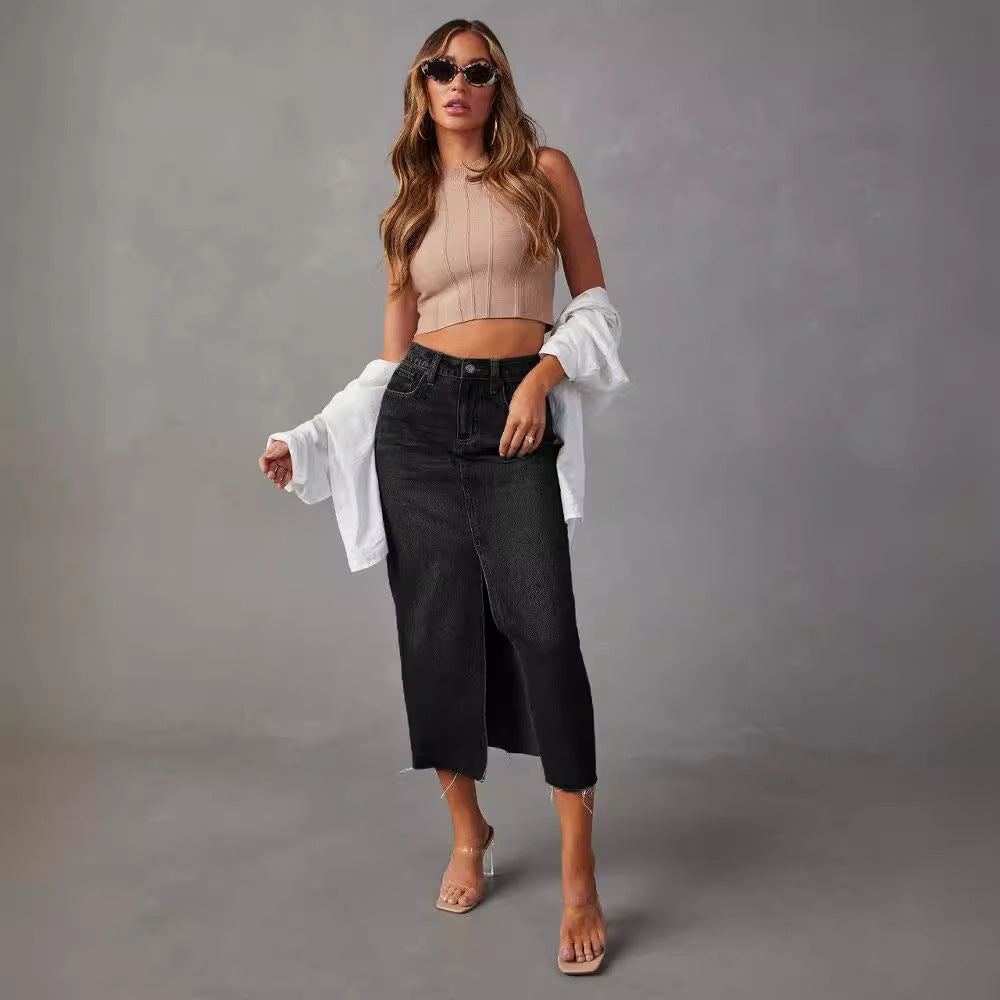 High waist denim midi skirt