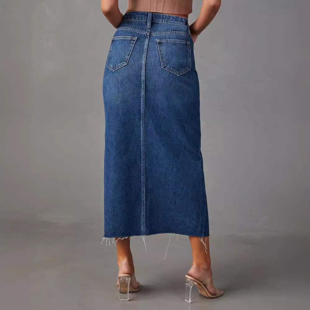 High waist denim midi skirt