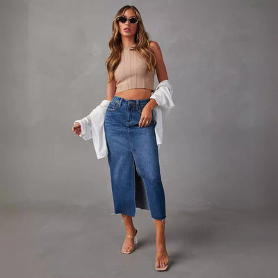 High waist denim midi skirt