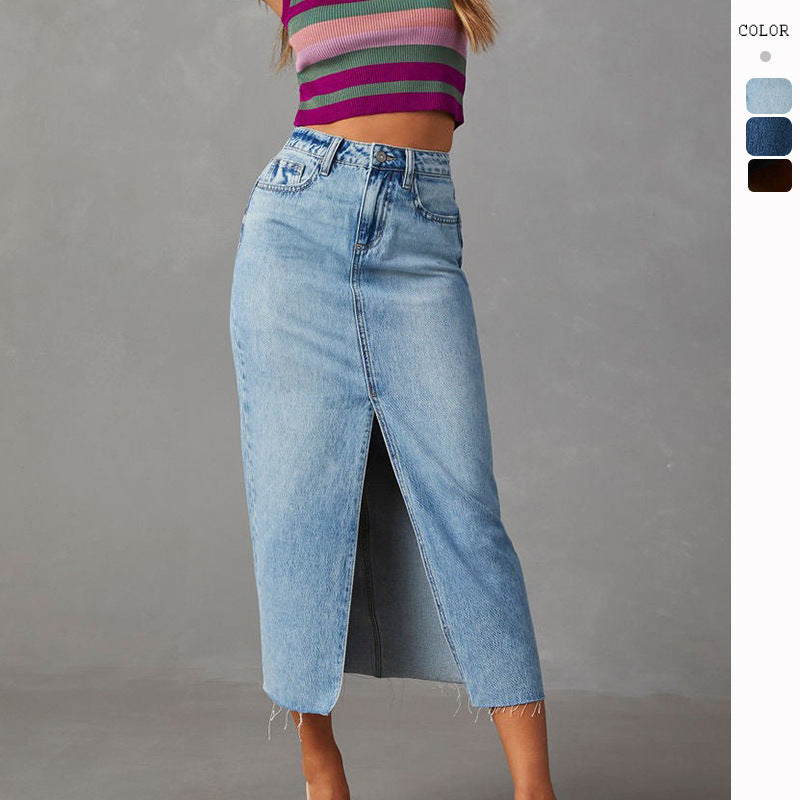 High waist denim midi skirt