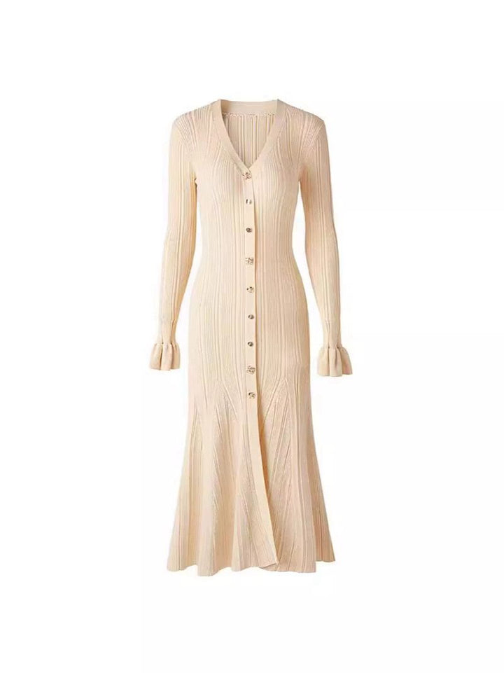 Knitted midi dress with button placket