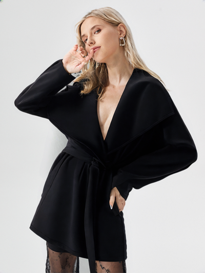 Black wrap coat with belt